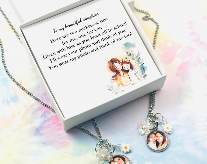 Mommy and Me Necklace Set, First Day of School Gift, Custom Photos, Daughter Starting Kindergarten, Personalized Anxiety Silver Jewelry