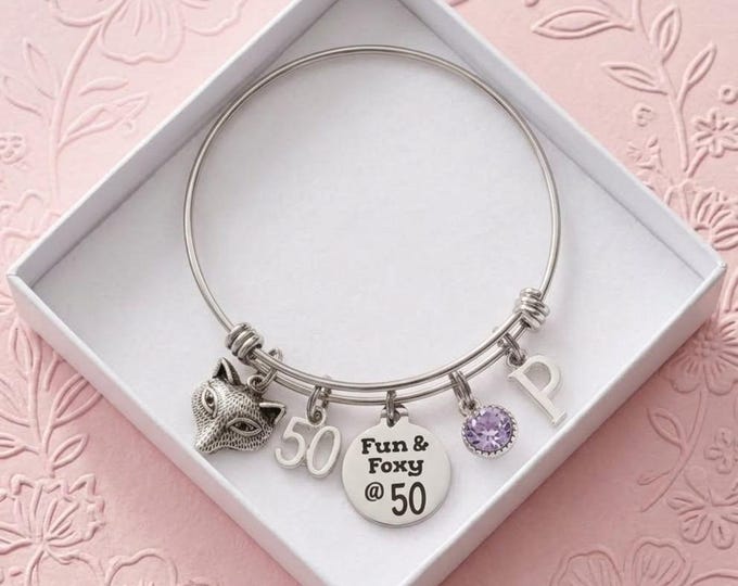 Fun and Foxy 50th Birthday Bracelet, Personalized Woman Wire Bangle