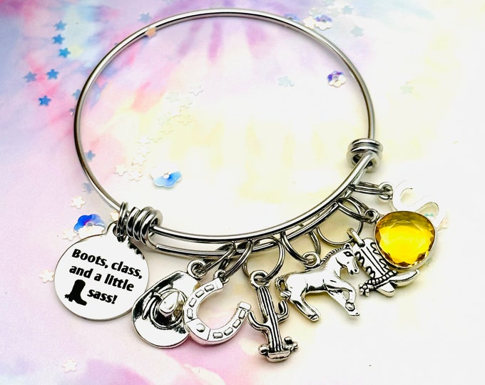 Cowgirl Jewelry, Gift for Her, Horse Lover Charm Bracelet, Personalized Jewelry,  Equestrian Jewelry, Initial Bracelet, Birthstone Jewelry