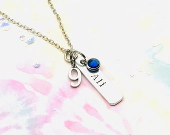 9th Birthday Name Necklace, Personalized Name Bar Jewelry, 9 Year Old Girl Gift, Birthstone Necklace, Personalized Gift, Nine Year Old Girl