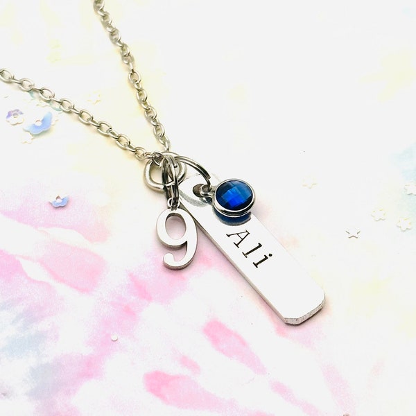 9th Birthday Name Necklace, Personalized Name Bar Jewelry, 9 Year Old Girl Gift, Birthstone Necklace, Personalized Gift, Nine Year Old Girl