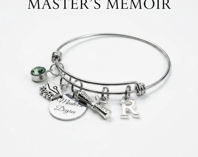 Masters Degree Graduation Gift, Charm Bracelet Class of 2026, College Grad, Initial and Birthstone