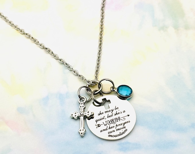 Prayer Warrior Necklace, Christian Gifts, Silver Cross, Christian Jewelry for Women, Bible Verse, Personalized Jewelry, Birthstone Necklace