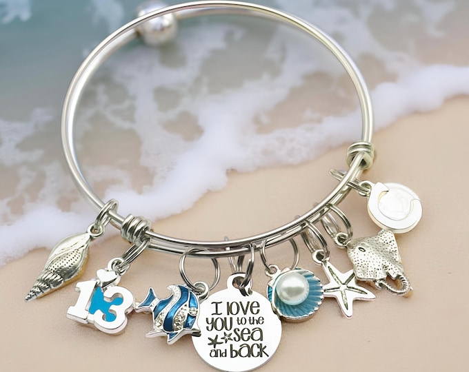 Seashell Charm Bracelet: Personalized Initial, Stainless Steel Bangle