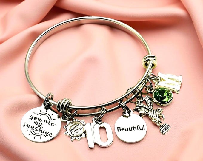 Personalized 10th Birthday Charm You Are My Sunshine Bracelet, Initial & Birthstone Jewelry
