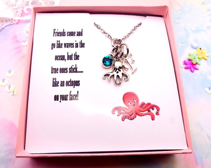 Best Friend Gift, Octopus Charm Necklace, Handmade Birthstone Necklace, Initial Necklace, Personalized Gift for Her, Best Friend Birthday