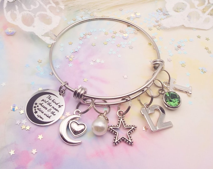 Girls 12th Birthday Charm Bracelet | Girls Birthday Gift | Girl 12 Years Old | Personalized Initial Jewelry | Crystal Birthstone Bracelet |