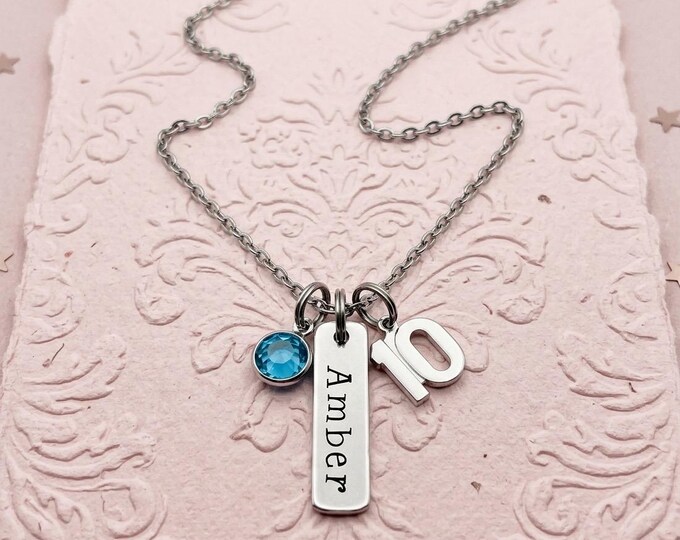 10th Birthday Custom Name Necklace, Personaled Age Charm Gift