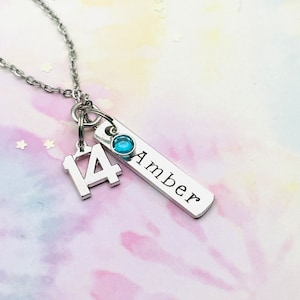 Personalized 14th Birthday Necklace: Hand Stamped Name & Birthstone