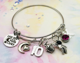 Birthstone Charm Bracelet: Personalized Initial, Moon & Back, Birthday Gift