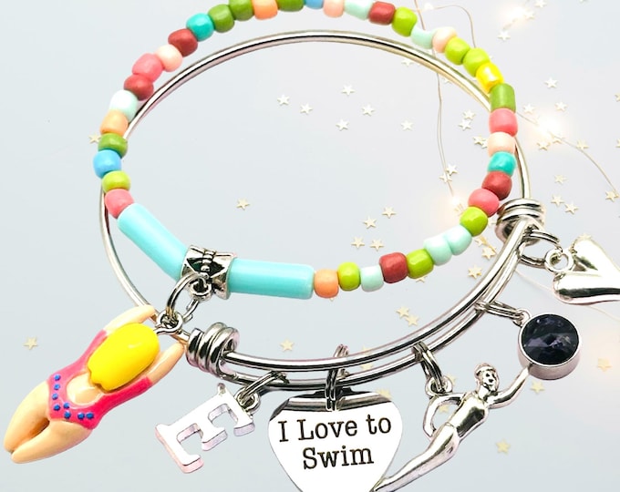 Swimmer Gift, Personalized Jewelry, Charm Bracelet, Handmade Gift for Her, Gift Box, Beaded Bracelet, Summer Jewelry, Birthstone Jewelry