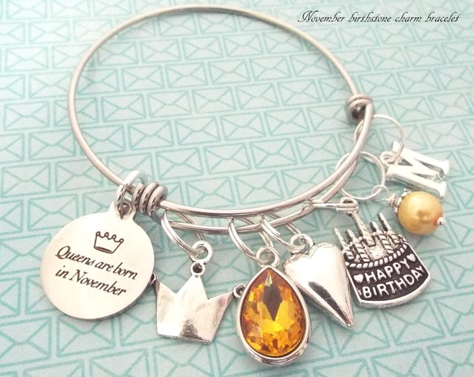 November Birthstone Charm Bracelet,  Personalized Initial Jewelry Gift, Birthday for Woman
