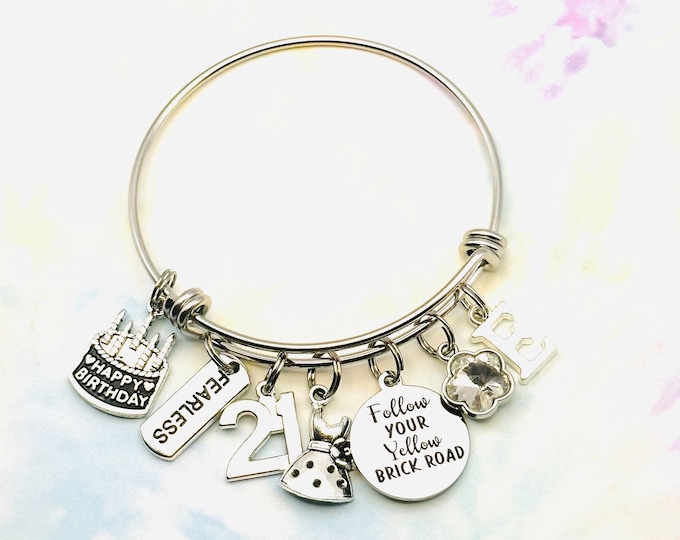 21st Birthday Charm Bracelet: Personalized Initial, Birthstone Bangle