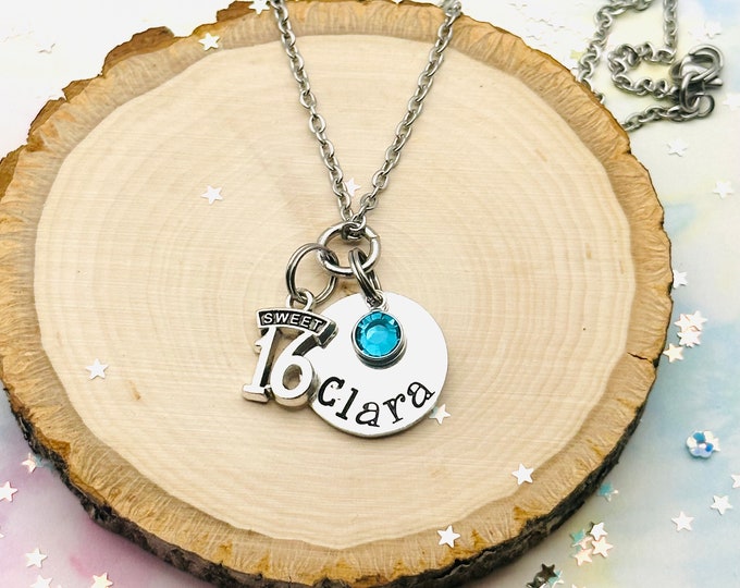 Sweet 16 Gift, 16th birthday gift, Custom Name Necklace, Handstamped Jewelry, Teenager Girl Gift, Handmade Gift for Her, Birthstone Necklace