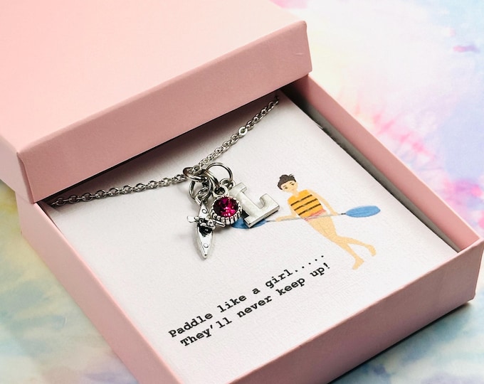 Personalized Jewelry, Gift for Her, Women's Kayak Necklace, Birthstone Initial, Gift Boxed, Silver Chain, Stocking Stuffer, Birthday Gift