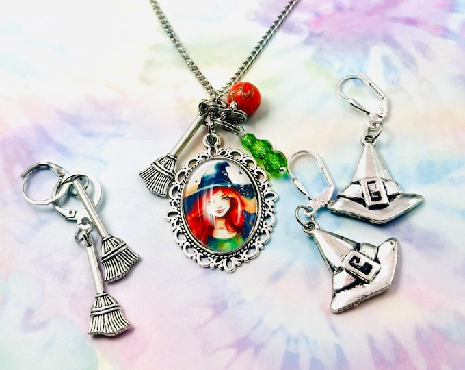 Halloween Jewelry Gift Set, Custom Witch Necklace, Unique Gothic Earrings, Handmade Jewelry