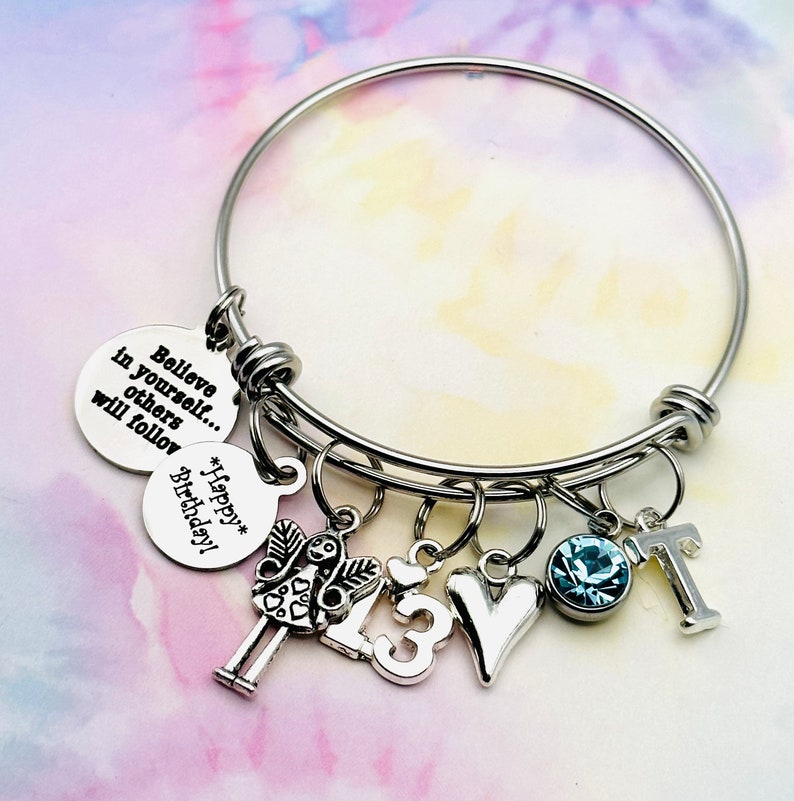 Gift for Girl, Engraved 13th Birthday Charm Bracelet, 13 Year Old Girl Gift, Handmade Gift for Her, Teenager Jewelry, Personalized Gift image 1