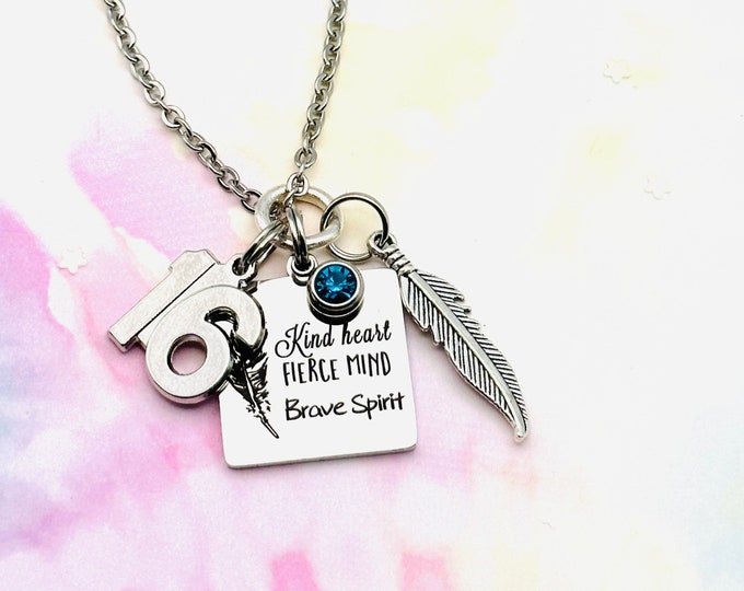 16th Birthday Gift, Silver Feather Boho Necklace, Personalized Birthstone Jewelry, Kind Heart, Fierce Mind, Brave Spirit, Bohemian