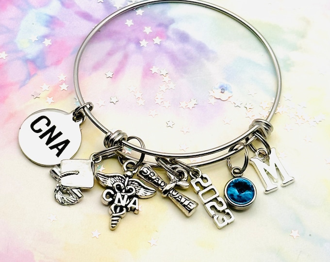 CNA Graduation Gift for Nursing Assistant, Handmade Charm Bracelet, Silver Initial Jewelry, Personalized for Her, Women’s Graduation Gift