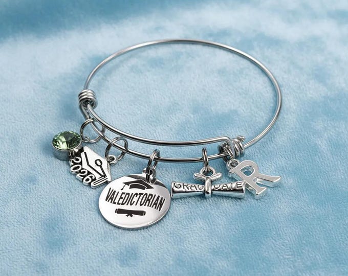 Valedictorian Graduation Charm Bracelet, Class of 2026 Gift, Personalized Initial Birthstone, High School Jewelry