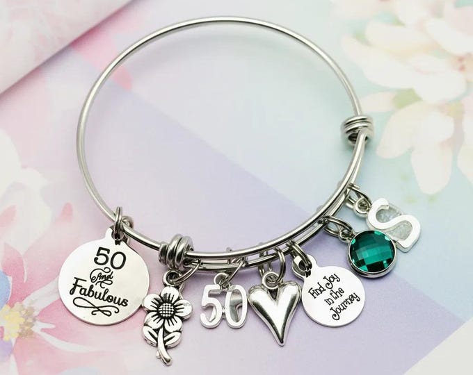 50th Birthday Charm Bracelet: Personalized Initial & Birthstone Jewelry