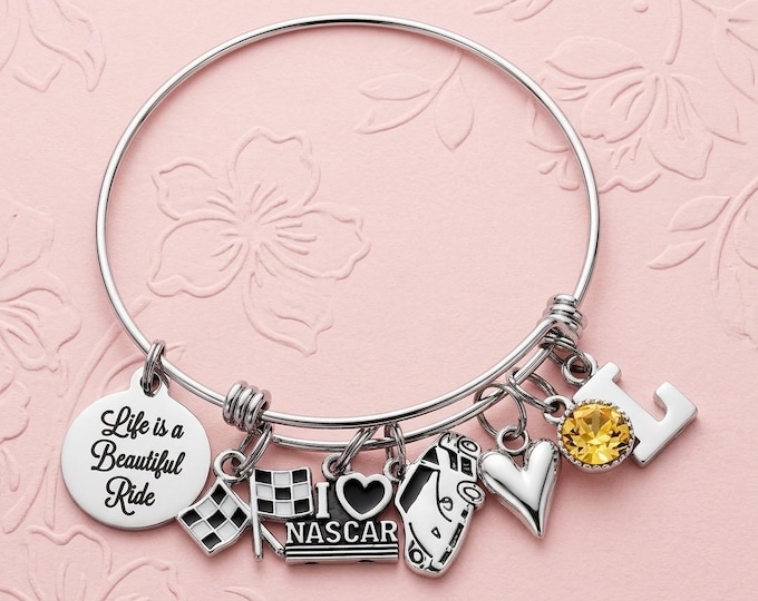 Car Racing Fan Charm Bracelet, Motorsports Driver Gift, Checkered Flag Jewelry