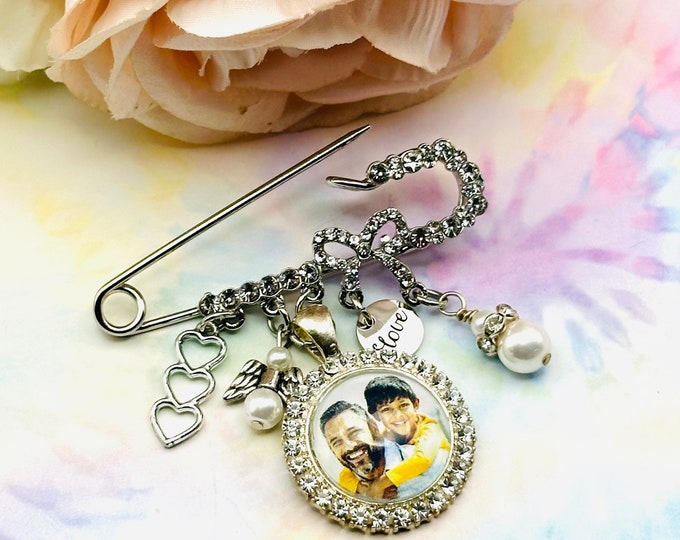 Bridal Bouquet Photo Charm: Wedding Memorial Pin, Personalized Brooch