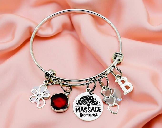 Massage Therapist Charm Bracelet, Graduation Gift,  Personalized Initial and Birthstone Jewelry, Gift Boxed Card