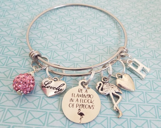 Birthday Gift for Her, Flamingo Charm Bracelet, Teen Girl Gift, Personalized Jewelry, Mom to Daughter, Handmade Jewelry, Initial Bracelet