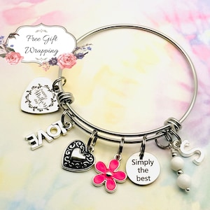 Personalized Mother&#39;s Day Charm Bracelet: Stainless Steel Initial Bangle