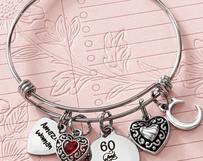 60 and Fabulous Charm Bracelet, Personalized Stainless Steel Jewelry Gift