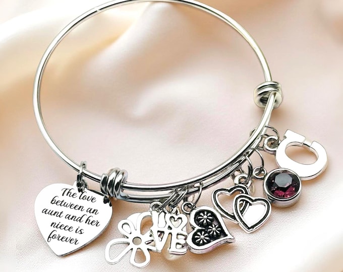 Niece Birthday Gift: Personalized Birthstone Heart Charm Bracelet