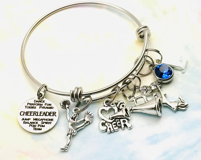 Personalized Cheerleader Charm Bracelet, Cheerleading Gift, Stackable Bangle, Sports Jewelry, Teenage Girl Gift, Custom Coach, For Her