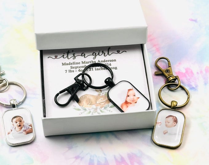 Baby Announcement, Custom Keychain, Personalized Gift Newborn, Gender Reveal, Birth Announcement, New Baby Gift, Handmade Photo Keychain