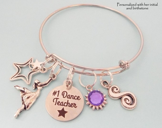 Dance Teacher Gift, Charm Bracelet for Dancing Teacher, Personalized Jewelry Gift for Her, Birthstone Jewelry, Initial Jewelry, Gift for Her