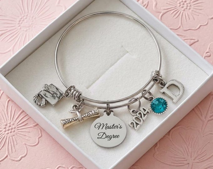 Masters Degree Graduation Gift, Charm Bracelet Class of 2026, College Grad, Initial and Birthstone