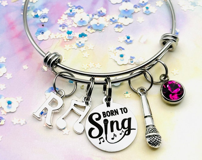 Singer Gift, Theater Kid, Personalized Jewelry, Broadway Play, Personalized Initial Jewelry, Born to Sing Birthstone Charm Bracelet, Choral