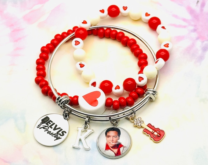 Elvis Presley Jewelry, Personalized Jewelry, Birthday Gift, Gift Box, Handmade Charm Bracelet, Gift for Mom, Beaded Heart Bracelet