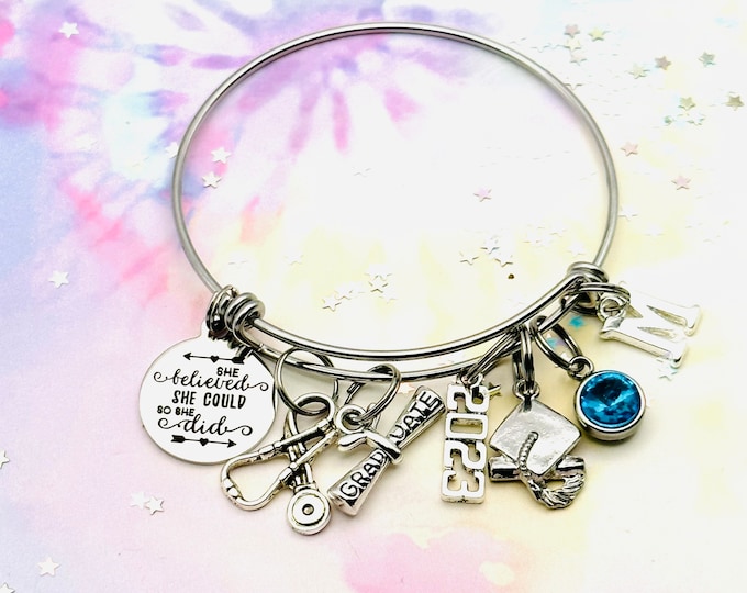 Nurse Graduation Gift, Personalized Jewelry for Her, Nursing Charm Bracelet, Class of 2024, Initial Jewelry, Handmade Gift for Women, Grad