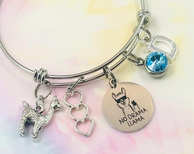 Llama Charm Bracelet, Birthday Gift for Her, Birthstone Jewelry, Initial Silver Bracelet, Personalized Kid Gift, Animal Lover, No Drama