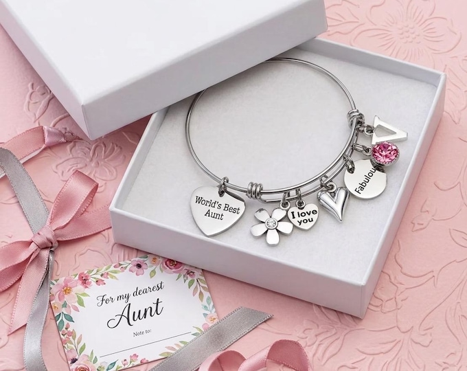 Personalized Aunt Charm Bracelet: Birthstone Initial Jewelry