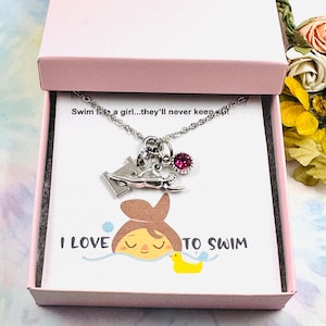 Swimmer Girl, Silver Necklace, Initial Necklace, Personalized Gift, Birthstone Jewelry, Gift for Her, Gift Boxed, Swimming Gift, Womens