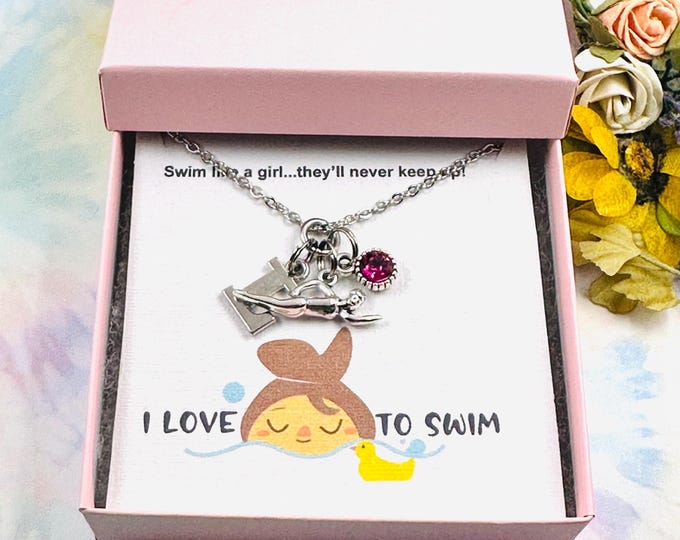 Swimmer Girl, Silver Necklace, Initial Necklace, Personalized Gift, Birthstone Jewelry, Gift for Her, Gift Boxed, Swimming Gift, Womens