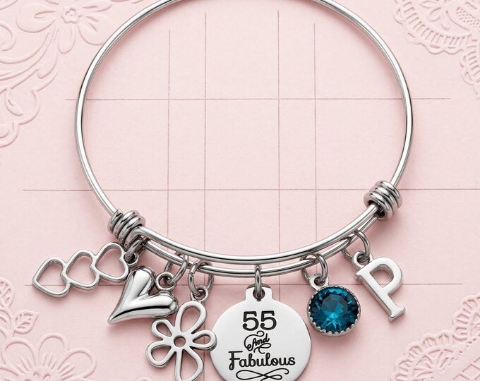 55th Birthday Charm Bracelet: Personalized Stainless Steel Bangle
