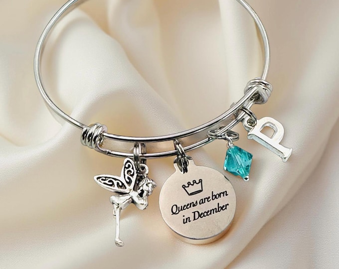 December Birthday Gift for Women, Personalized Charm Bracelet, Birthstone and Initial Silver Jewelry