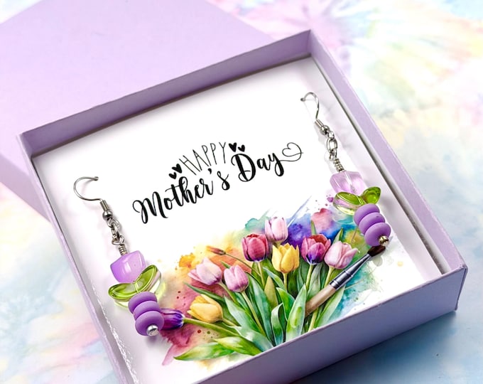Lavender Tulip Drop Earrings, Mother's Day Gift for Mom, Handmade Flower Jewelry for Spring or Summer, Dainty Floral Dangles