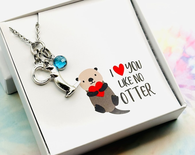 Otter Necklace, Handmade Gift, Birthday for Her, Initial Necklace, Personalized Silver Jewelry, Gift for Kid, Birthstone Necklace, Gift Box