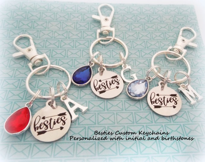 Best Friends Christmas Gift, Personalized Besties Custom Keychain, Gift for Her, Birthstone Initial Gifts Ideas for Best Friend, Girl Gift