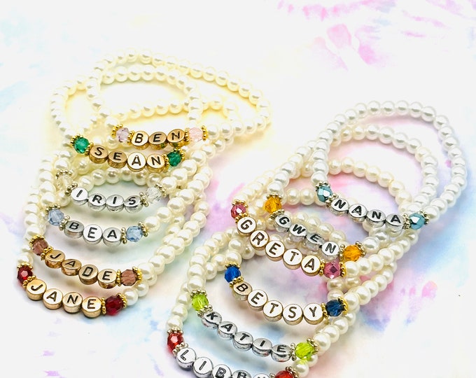 Pearl Name Bracelet, Handmade Beaded Birthstone Jewelry, Personalized Gift for Her, Stretch Bracelet, Birthday Gift for Girl, Crystal