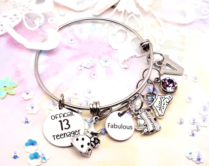 Personalized 13th Birthday Charm Bracelet, Official Teenager Birthstone Jewelry, Silver Initial Bracelet
